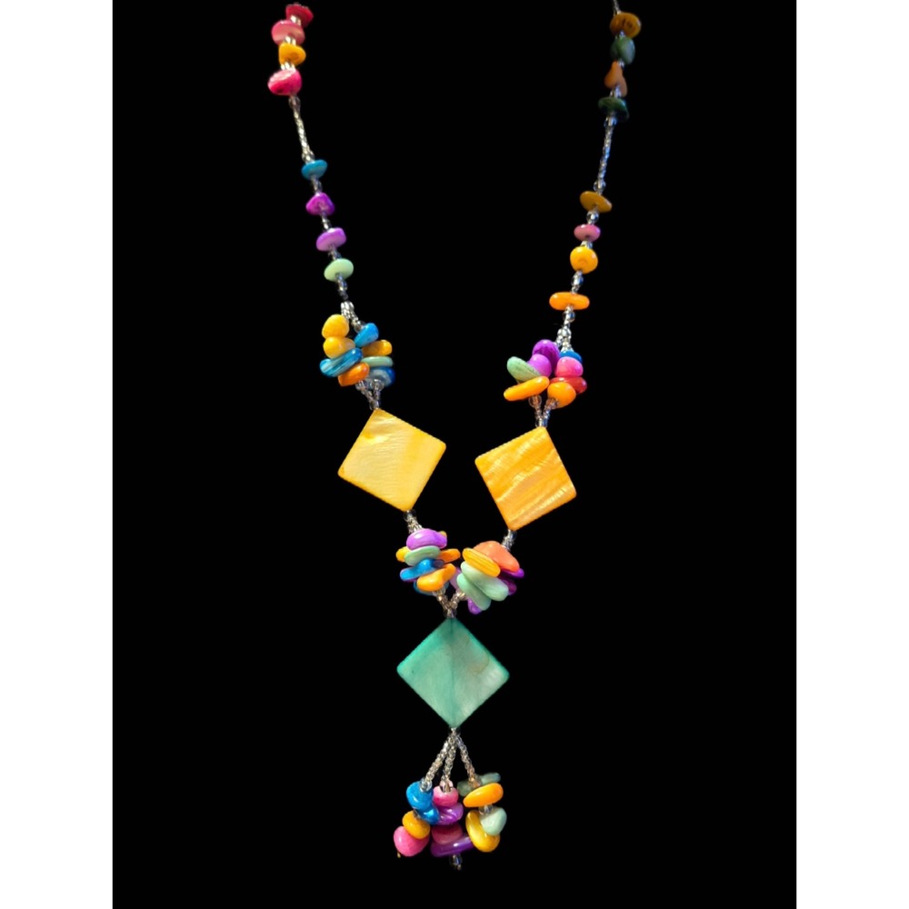 Multicolor Shell Beaded Statement Necklace Rainbow Mother of Pearl Tassel 16in